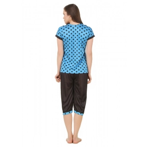 Women's Satin 3 Pc Set of Short Nighty, Top, Capry Half Sleeve(Color: Blue, Neck Type: V Neck)