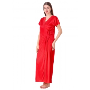 Women's Satin 2 PCs Set of Nighty And Wrap Gown with Half Sleeve(Color: Red, Neck Type: V Neck)