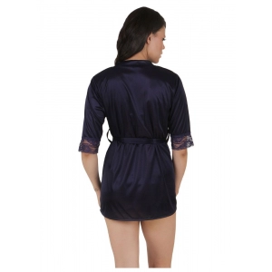Women's Satin Babydoll Robe with Thong with Half Sleeve(Color: Navy Blue, Neck Type: V Neck)