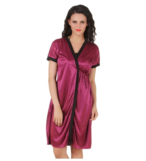 Women's Satin Short Wrap Gown with Half Sleeve(Color: Dark Wine and Black, Neck Type: V Neck)