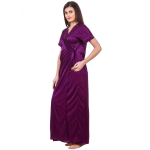 Women's Satin 2 PCs Set of Nighty And Wrap Gown with Half Sleeve(Color: Purple, Neck Type: Sweatheart Neck)