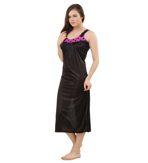 Women's Satin Long Nighty with Sleeve Less(Color: Mauve and Black, Neck Type: U Neck)