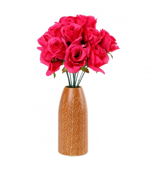 Silk Polyester Artificial Rose Flowers Bunch Bouquet Of 12 Roses For Home Decoration (Color: Pink,Length: 17 Inches)