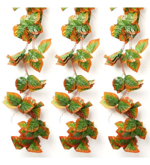 Pack Of 3 Silk Polyester Artificial Shaded Orange Green Leaf Vine Hanging Garland Foliage Flowers Leaf Plants For Wall Decoration (Color: Orange-Green,Length: 15 Feet)
