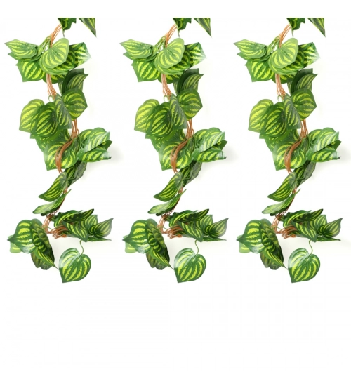 Pack Of 2 Silk Polyester Artificial Watermelon Leaf Vine Hanging Garland Foliage Flowers Leaf Plants For Wall Decoration (Color: Green,Length: 6.5 Feet)
