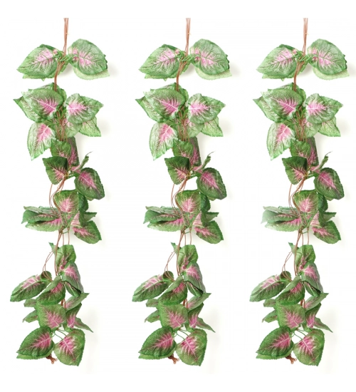 Pack Of 3 Silk Polyester Artificial Shaded Pink Green Leaf Vine Hanging Garland Foliage Flowers Leaf Plants For Wall Decoration (Color: Pink-Green,Length: 15 Feet)
