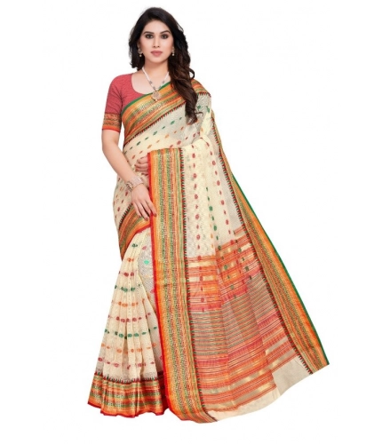Women's Kota Doria Cotton Woven Butta Saree With Blouse (Cream, 5-6 Mtrs)