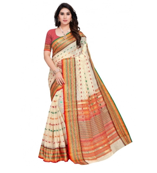 Women's Kota Doria Cotton Woven Butta Saree With Blouse (Cream, 5-6 Mtrs)