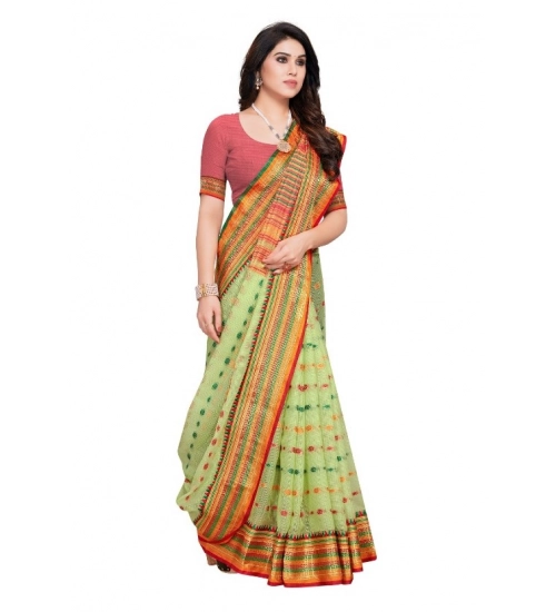 Women's Kota Doria Cotton Woven Butta Saree With Blouse (Light Green, 5-6 Mtrs)