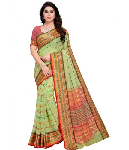 Women's Kota Doria Cotton Woven Butta Saree With Blouse (Light Green, 5-6 Mtrs)