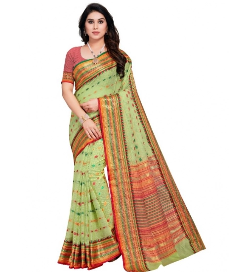 Women's Kota Doria Cotton Woven Butta Saree With Blouse (Light Green, 5-6 Mtrs)