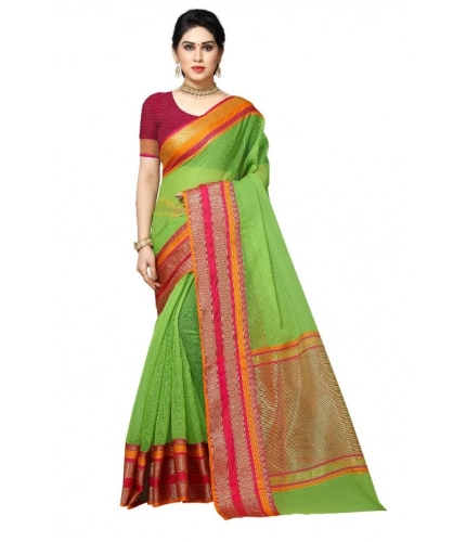Women's Kota Doria Cotton Border Saree With Blouse (Light Green, 5-6 Mtrs)