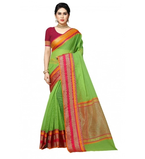 Women's Kota Doria Cotton Border Saree With Blouse (Light Green, 5-6 Mtrs)