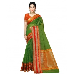Women's Kota Doria Cotton Border Saree With Blouse (Green, 5-6 Mtrs)