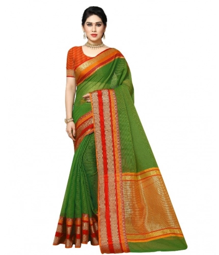 Women's Kota Doria Cotton Border Saree With Blouse (Green, 5-6 Mtrs)
