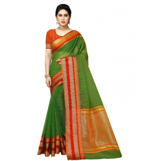 Women's Kota Doria Cotton Border Saree With Blouse (Green, 5-6 Mtrs)