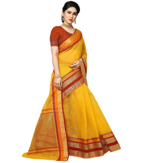 Women's Kota Doria Cotton Border Saree With Blouse (Yellow, 5-6 Mtrs)