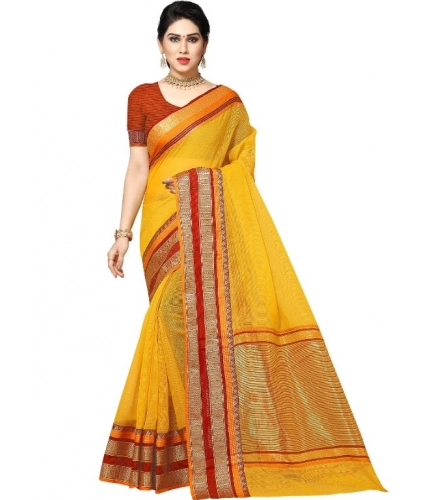 Women's Kota Doria Cotton Border Saree With Blouse (Yellow, 5-6 Mtrs)