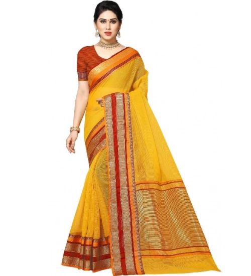Women's Kota Doria Cotton Border Saree With Blouse (Yellow, 5-6 Mtrs)