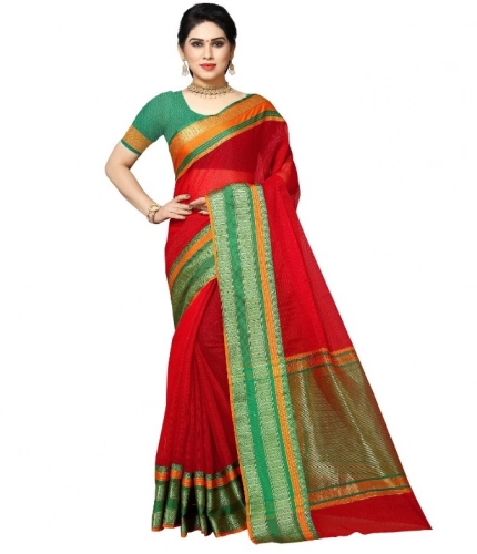 Women's Kota Doria Cotton Border Saree With Blouse (Red, 5-6 Mtrs)