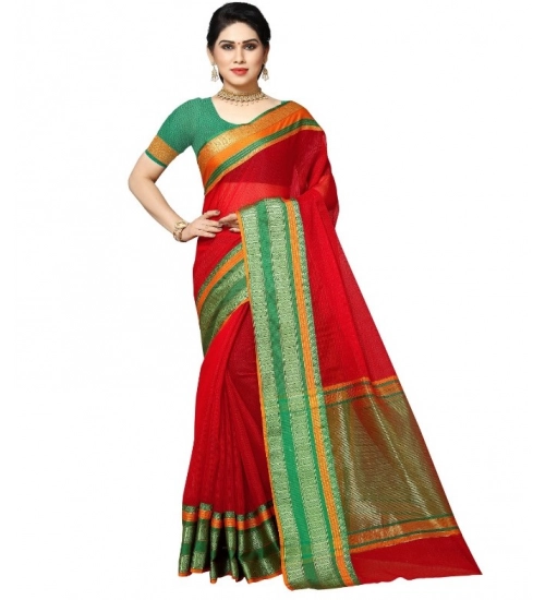 Women's Kota Doria Cotton Border Saree With Blouse (Red, 5-6 Mtrs)