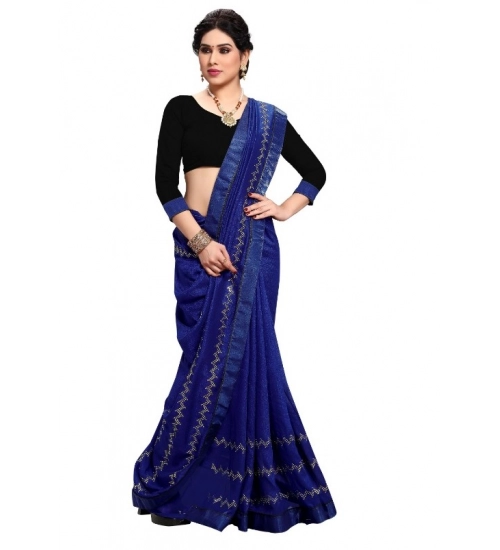 Women's Vichitra Silk HotFix Stone Work Saree With Blouse (Blue, 5-6 Mtrs)