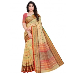 Women's Kota Doria Cotton Woven Butta Saree With Blouse (Beige, 5-6 Mtrs)