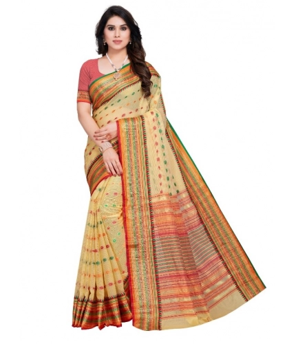 Women's Kota Doria Cotton Woven Butta Saree With Blouse (Beige, 5-6 Mtrs)