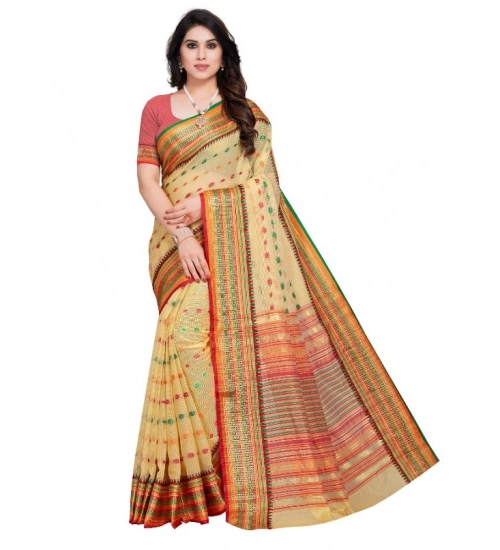 Women's Kota Doria Cotton Woven Butta Saree With Blouse (Beige, 5-6 Mtrs)