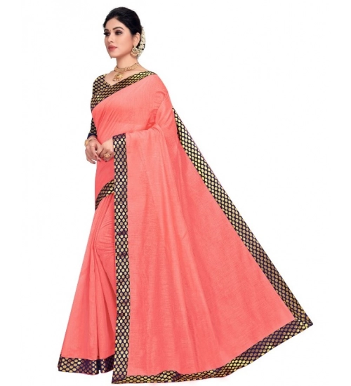 Women's Chanderi Cotton Lace Border Saree With Blouse (Peach, 5-6 Mtrs)