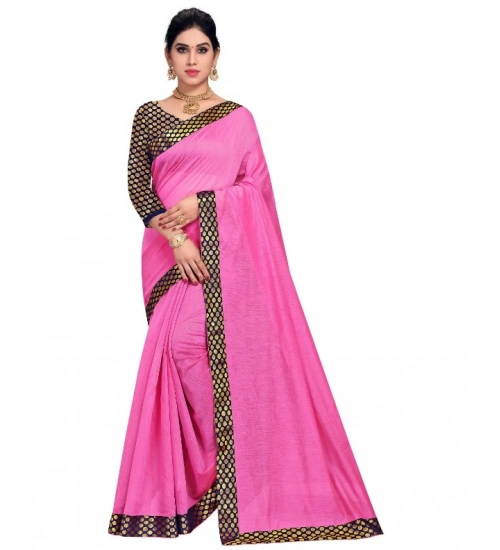 Women's Chanderi Cotton Lace Border Saree With Blouse (Pink, 5-6 Mtrs)