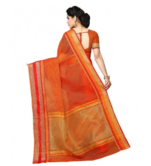 Women's Kota Doria Cotton Border Saree With Blouse (Orange, 5-6 Mtrs)