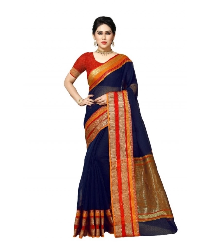 Women's Kota Doria Cotton Border Saree With Blouse (Navy Blue, 5-6 Mtrs)