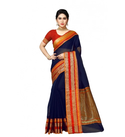 Women's Kota Doria Cotton Border Saree With Blouse (Navy Blue, 5-6 Mtrs)