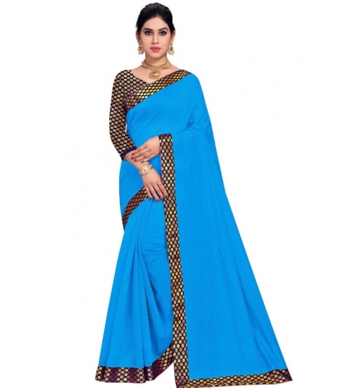 Women's Chanderi Cotton Lace Border Saree With Blouse (Sky Blue, 5-6 Mtrs)