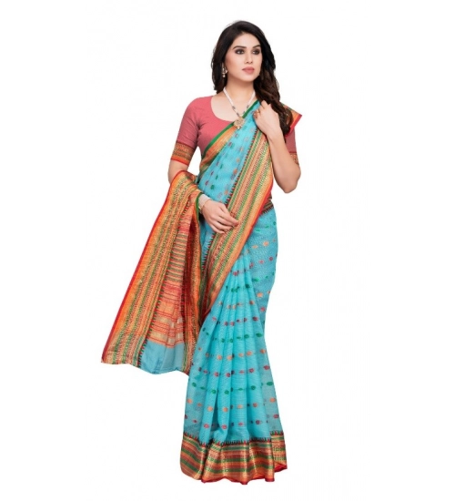Women's Kota Doria Cotton Woven Butta Saree With Blouse (Sky Blue, 5-6 Mtrs)