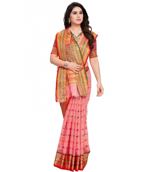 Women's Kota Doria Cotton Woven Butta Saree With Blouse (Pink, 5-6 Mtrs)