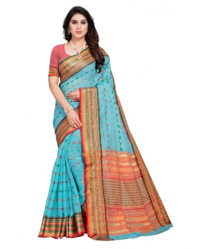 Women's Kota Doria Cotton Woven Butta Saree With Blouse (Sky Blue, 5-6 Mtrs)