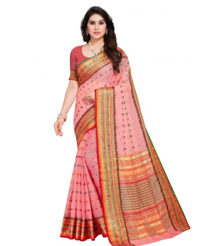 Women's Kota Doria Cotton Woven Butta Saree With Blouse (Pink, 5-6 Mtrs)