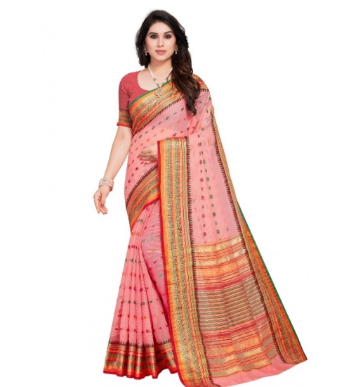 Women's Kota Doria Cotton Woven Butta Saree With Blouse (Pink, 5-6 Mtrs)