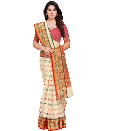 Women's Kota Doria Cotton Woven Butta Saree With Blouse (Cream, 5-6 Mtrs)