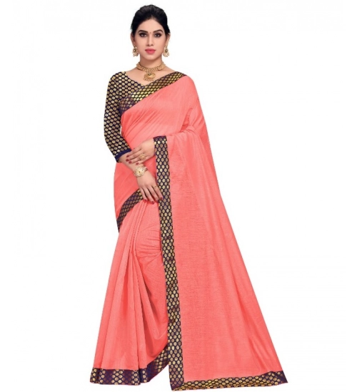 Women's Chanderi Cotton Lace Border Saree With Blouse (Peach, 5-6 Mtrs)
