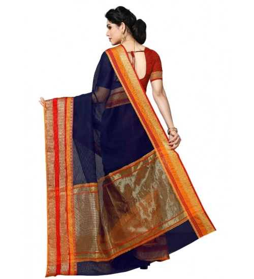 Women's Kota Doria Cotton Border Saree With Blouse (Navy Blue, 5-6 Mtrs)