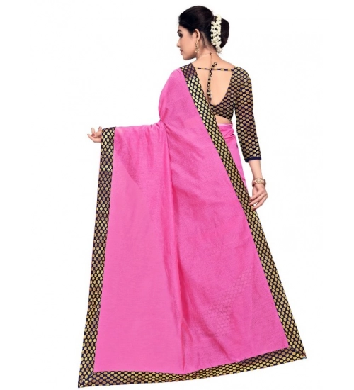Women's Chanderi Cotton Lace Border Saree With Blouse (Pink, 5-6 Mtrs)