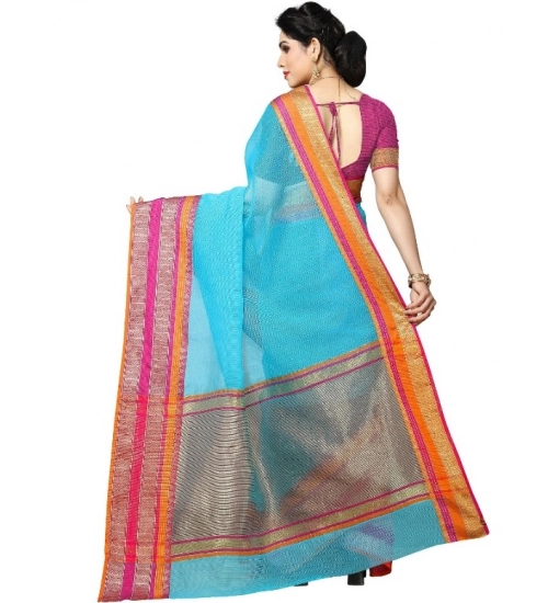 Women's Kota Doria Cotton Border Saree With Blouse (Sky Blue, 5-6 Mtrs)
