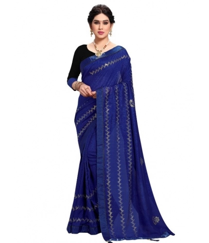 Women's Vichitra Silk HotFix Stone Work Saree With Blouse (Blue, 5-6 Mtrs)