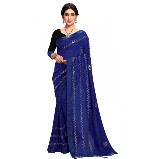 Women's Vichitra Silk HotFix Stone Work Saree With Blouse (Blue, 5-6 Mtrs)