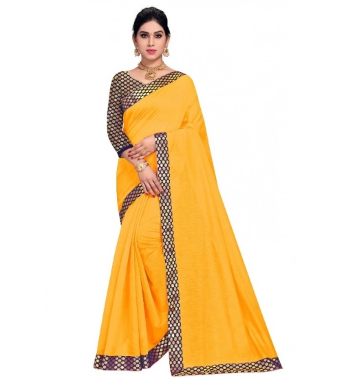 Women's Chanderi Cotton Lace Border Saree With Blouse (Gold, 5-6 Mtrs)