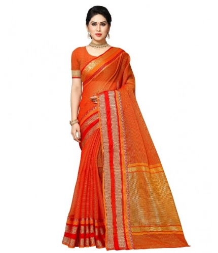 Women's Kota Doria Cotton Border Saree With Blouse (Orange, 5-6 Mtrs)