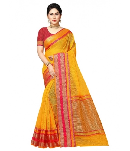 Women's Kota Doria Cotton Border Saree With Blouse (Gold, 5-6 Mtrs)